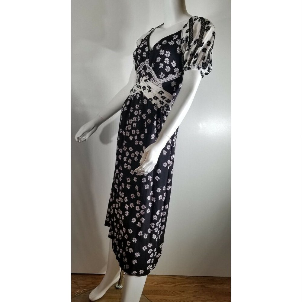 Self Portrait Daisy Print Puff Sleeve Women's Midi Dress, Black/White Size US 2 - Picture 4 of 12